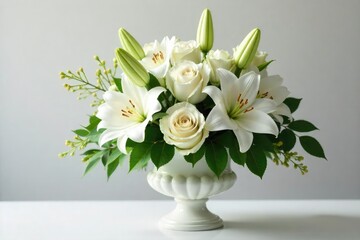 A serene arrangement of white lilies, roses, and other funeral flowers, elegantly displayed in a classic urn Perfect for sympathy, remembrance, and memorial services , passing, funeral wreath