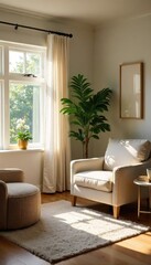 A serene and calming therapy room, featuring soft lighting, comfortable furniture, and tasteful d?cor, creating a peaceful atmosphere conducive to healing and self-discovery , psychology, meditation
