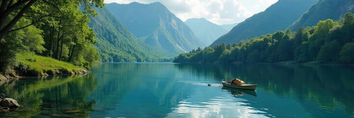 A scenic view of a calm lake with a small boat gently rocking on the water near a hiking trail leading into a lush forest Perfect for travel, adventure, and nature themes , foliage, view