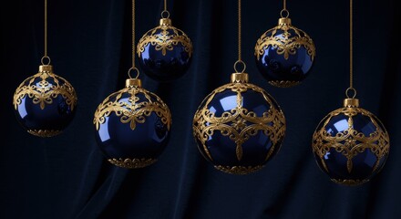 Elegant Dark Blue and Gold Christmas Ornaments Hanging for Festive Holiday Celebrations