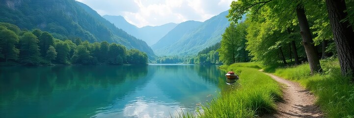 A scenic view of a calm lake with a small boat gently rocking on the water near a hiking trail leading into a lush forest Perfect for travel, adventure, and nature themes , vegetation, lake, blue