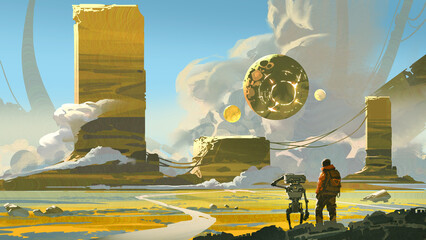 A traveler and robotic companion stand in a golden sci-fi landscape surrounded by massive alien structures and a hovering orb under a clear blue sky, digital art style, illustration painting