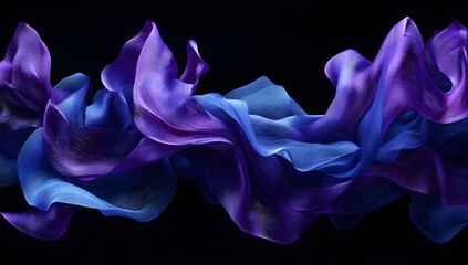 Abstract blue and purple ribbons against a black background, close-up of flowing shapes. 