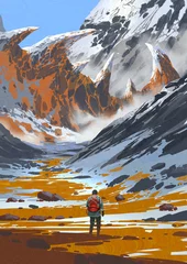 Fototapete A lone traveler with a red backpack journeys across a surreal orange valley toward massive jagged mountains dusted with snow and shrouded in mist, digital art style, illustration painting © grandfailure