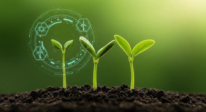 Seedlings emerge from soil, symbolizing growth within a technological overlay