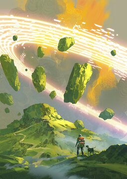 Fototapeta An astronaut and his dog standing on a misty alien hilltop gazing at floating rocks and a massive glowing ring tearing through the sky above, digital art style, illustration painting