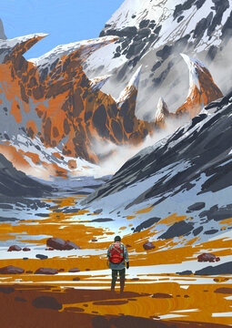 Fototapeta A lone traveler with a red backpack journeys across a surreal orange valley toward massive jagged mountains dusted with snow and shrouded in mist, digital art style, illustration painting