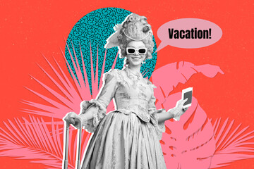 Fototapeta premium Contemporary poster trend art collage of happy duchess girl hold passport booking valise tropical vacation leaves palm rest