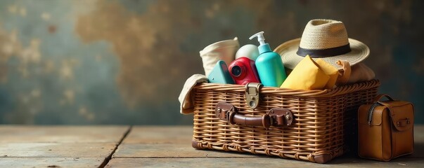 A rustic woven luggage basket overflowing with neatly packed travel essentials, ready for a journey Perfect for travel, storage, and home decor , journey, weave
