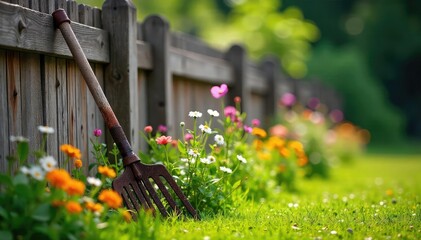A rusty garden rake leans against a sun-drenched wooden fence, surrounded by vibrant summer wildflowers and lush green foliage, hinting at a warm, lazy summer day , sunlight, gardening