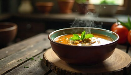A rustic wooden table holds a steaming bowl of homemade kitchen soup, garnished with fresh herbs The warm lighting enhances the inviting aroma and texture of the comforting dish , style, carrot, leek