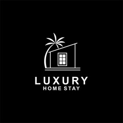 Fototapeta premium Luxury Villa Logo Design with Tropical Palm House Symbol for Vacation Rental Business Real Estate Company or Modern Resort Branding Concept in Clean Vector Style