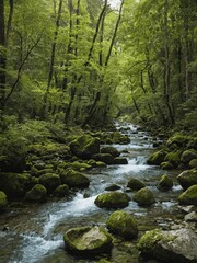Obraz premium Lush Forest Stream: Serene Nature Landscape
