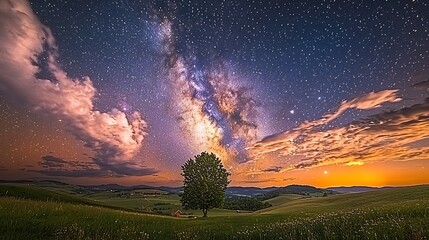 A tranquil, starry night with clouds gently illuminated by soft glows from distant stars, creating a calming, otherworldly atmosphere that invites peaceful reflection