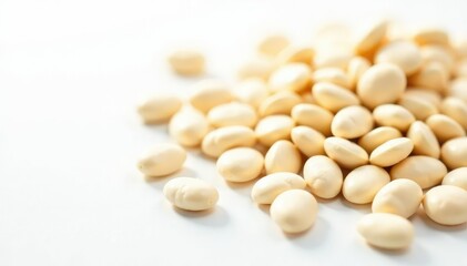 Close-up of spilled white beans against a pure white backdrop, macro, white beans