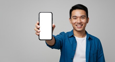Smiling man presents a phone with a blank screen