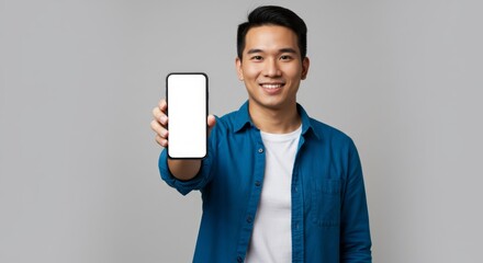 Smiling man shows phone. Dark hair, blue shirt, clear screen, light grey backdrop