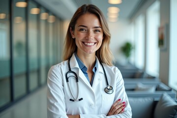 Female doctor friendly confident standing against a hospital hallway background with copy space