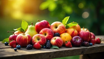 A rustic wooden bench overflowing with a colorful assortment of ripe, juicy fruits, including apples, pears, peaches, plums and berries, bathed in warm sunlight , sun, natural, country