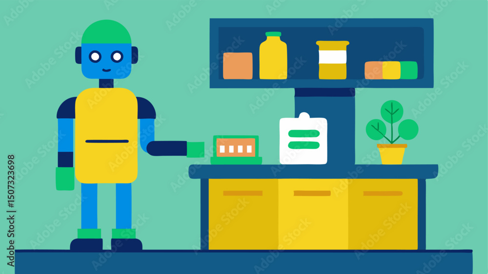 Poster eco product showcase a showcase table filled with various ecofriendly products overseen by a robot m