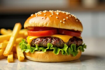 Close-up shot of greasy burger and fries on white , food, fat