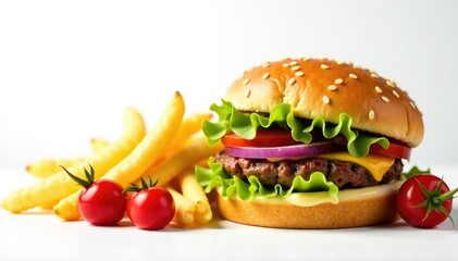 Close-up shot of various junk food items against white , burger, artificial, fries