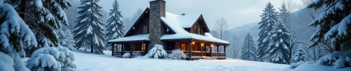 A rustic hunting lodge nestled in a snow-covered forest, complete with a large stone chimney and inviting porch Perfect for winter getaway themes or hunting season imagery , home, season, snow