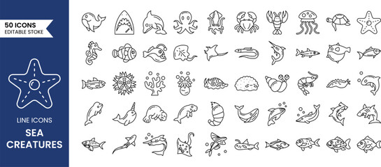 Sea Animal line editable icon set. Vector illustration