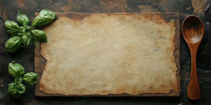 Rustic Italian Menu Backdrop with Wooden Cooking Spoon and Fresh Organic Vegetables on Vintage Surface