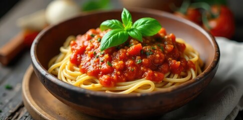 A rustic bowl overflowing with vibrant, homemade spaghetti sauce, simmering gently, ready to be served over pasta Fresh basil leaves garnish the rich, tomato-based sauce , spaghetti, fresh