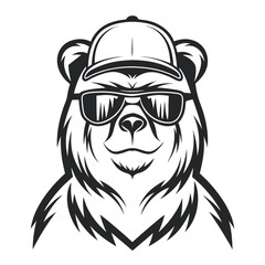 Monochrome illustration of a Cool Bear Wearing Sunglasses and a Cap in a Vector Style. Ideal for various design needs, featuring its detailed outline.