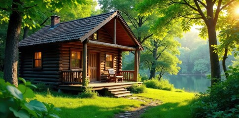 A rustic cabin nestled amongst lush greenery, sunlight dappling through leaves onto a warm wooden porch Perfect for relaxation and escape to nature's embrace , calm, mountain, greenery