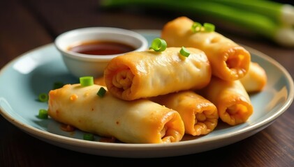 Crispy spring rolls, soy dipping sauce, garnished with green onion , soy, eat