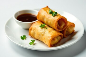 Crispy spring rolls, soy sauce, garnish, white, cuisine, isolated