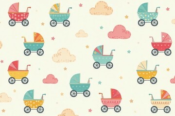 Cute whimsical stroller pattern, pastel colors, children, print, art