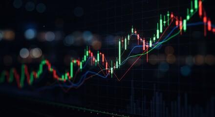 Fototapeta premium Stock market charts on a dark screen, with blurred city lights in the background