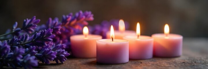 Aromas of lavender fill the air as several candles burn, casting a warm, inviting glow Perfect for relaxation, spa treatments, or adding a touch of serenity to any space , candle, violet