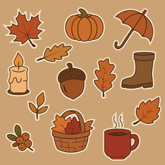 Vector sticker set with autumn-themed elements. Includes illustrations of leaves, acorn, pumpkin, candle, hot drink, rubber boot, umbrella, basket with leaves, and berries.