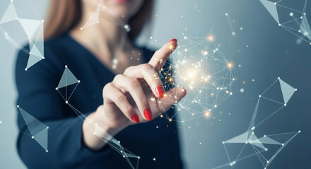 A woman interacting with a digital network, her hand reaching out to connect with glowing nodes, Generative AI.