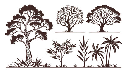 Outlined Tree and Plant Icon Set – Diverse Vegetation and Nature Symbols