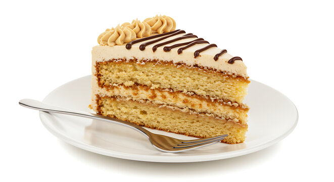 Peanut butter cake slice with creamy peanut butter frosting and chocolate drizzle, served on a clean white plate with dessert fork, isolated on a white background, soft diffused lighting