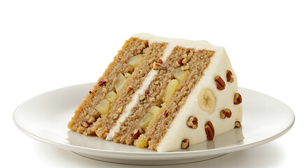 Hummingbird cake slice with banana, pineapple, and pecans, topped with cream cheese frosting, served on a white dish, isolated on white background, soft lighting, warm tone