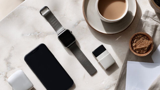Digital wallet setup inspires modern lifestyle with smartphone, cardholder, and wearable tech on marble surface