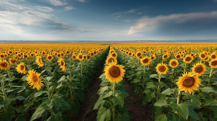 Obraz premium Vibrant sunflower field stretches towards the bright blue sky, showcasing nature's beauty and the joy of summer