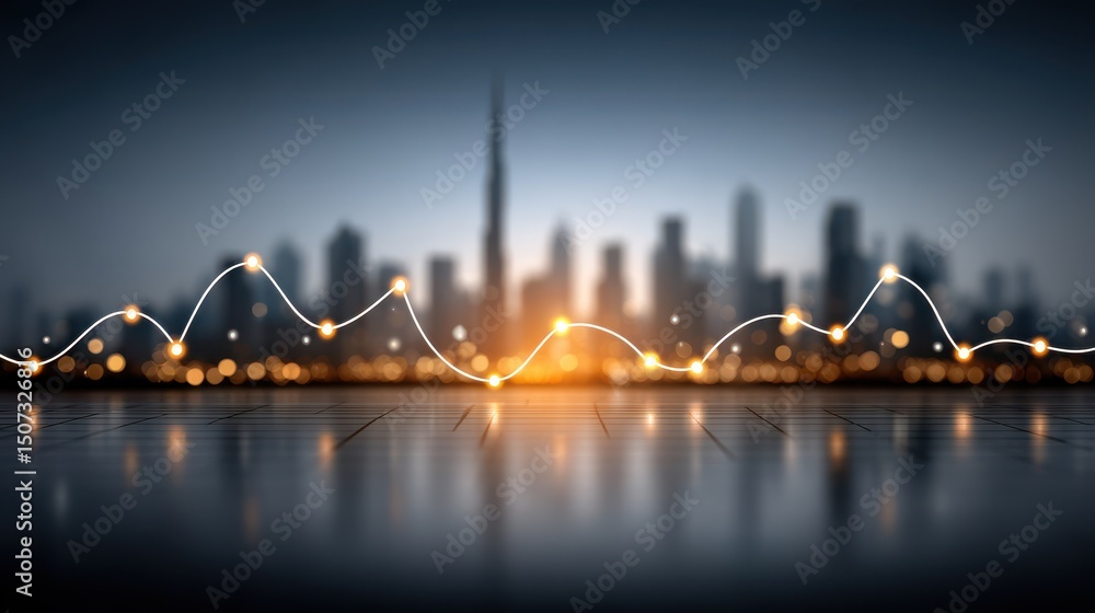 Poster dynamic digital chart with algorithmic patterns over dubai skyline business data visualization moder