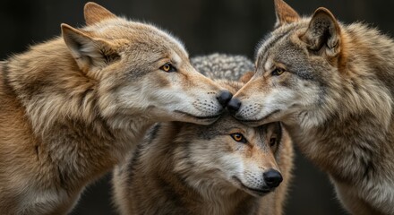 Fototapeta premium Three wolves bonding, their heads close together in a touching display of affection