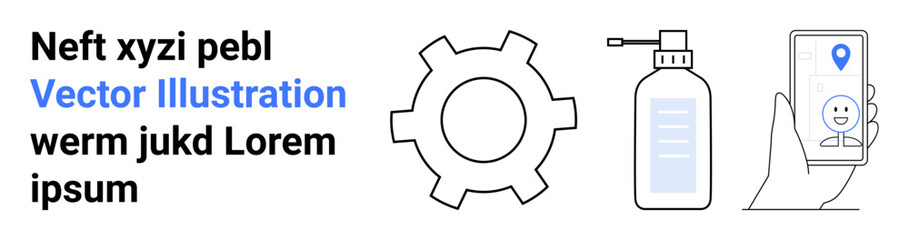 Gear symbolizing process, sanitizing spray for cleanliness, and smartphone with location pin for navigation. Ideal for technology, hygiene, logistics, process optimization, health, travel simple