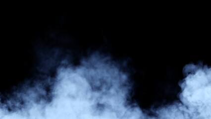 Abstract blurred blue smoke misty fog on isolated black background. Texture overlays. Paranormal mystic smoke, clouds for movie scenes