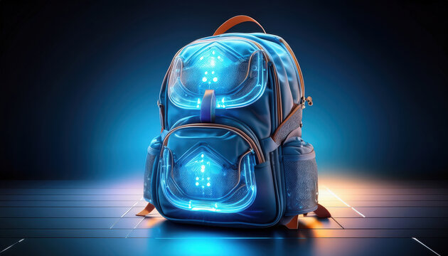 Futuristic backpack with glowing elements, featuring innovative design and advanced technology, perfect for modern learning experiences