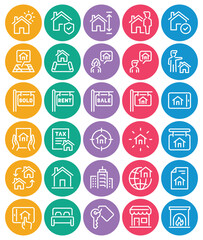 Circle color outline icons set for Real estate